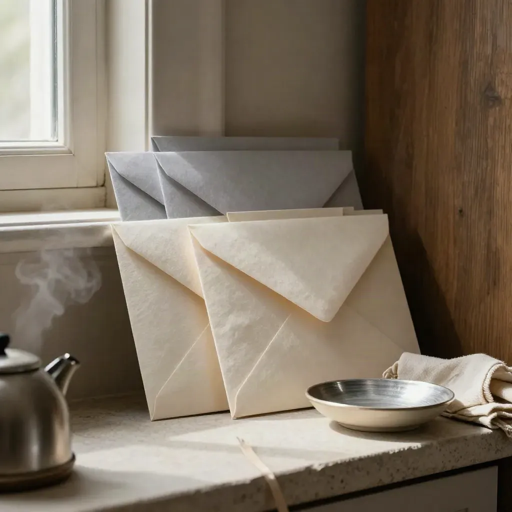 Four savings envelopes staged like a ladder beside a ceramic dish, with steam drifting nearby.