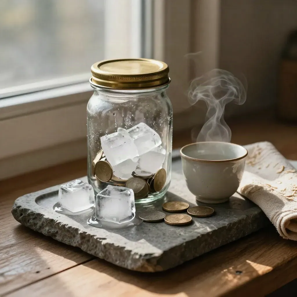 Glass savings jar beside melting ice, ceramic cup, and cloth on a stone tray in warm window light.