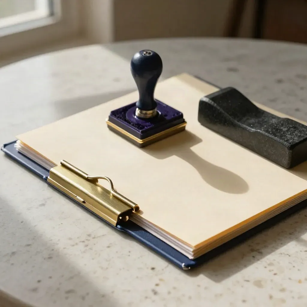 Closed tax folder with brass clip, stamp pad and paperweight on travertine, soft overhead light.