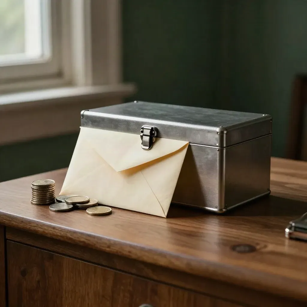 Starter savings envelope, coin stack, and lockbox on a walnut sideboard in moody light.