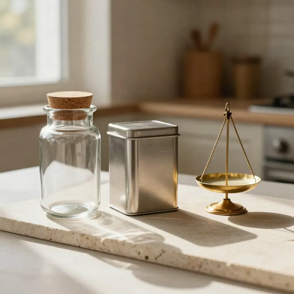 Glass savings jar, metal cash tin and balance scale on stone in warm window light.
