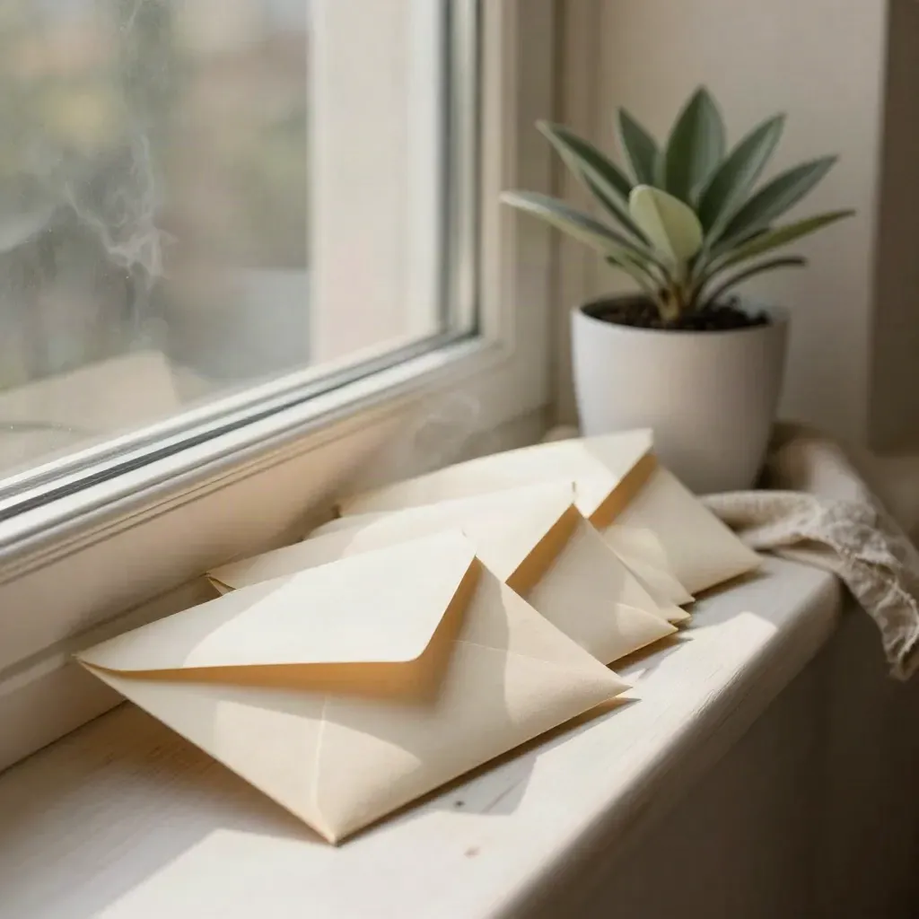 Row of cream envelopes on a windowsill leading to a small plant and linen cloth.
