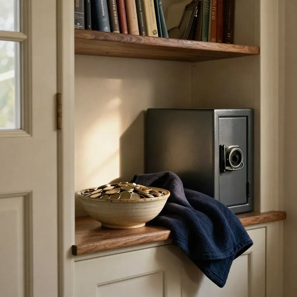 Retirement cash nook with coins, a folded blanket and a small safe in a dark home corner at dusk