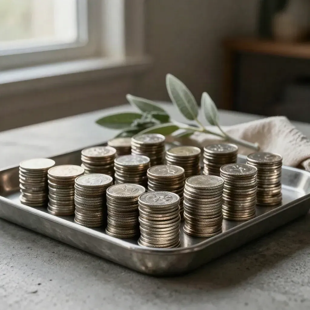 Coin stacks in a tray with linen and a plant stem on concrete, viewed from above.