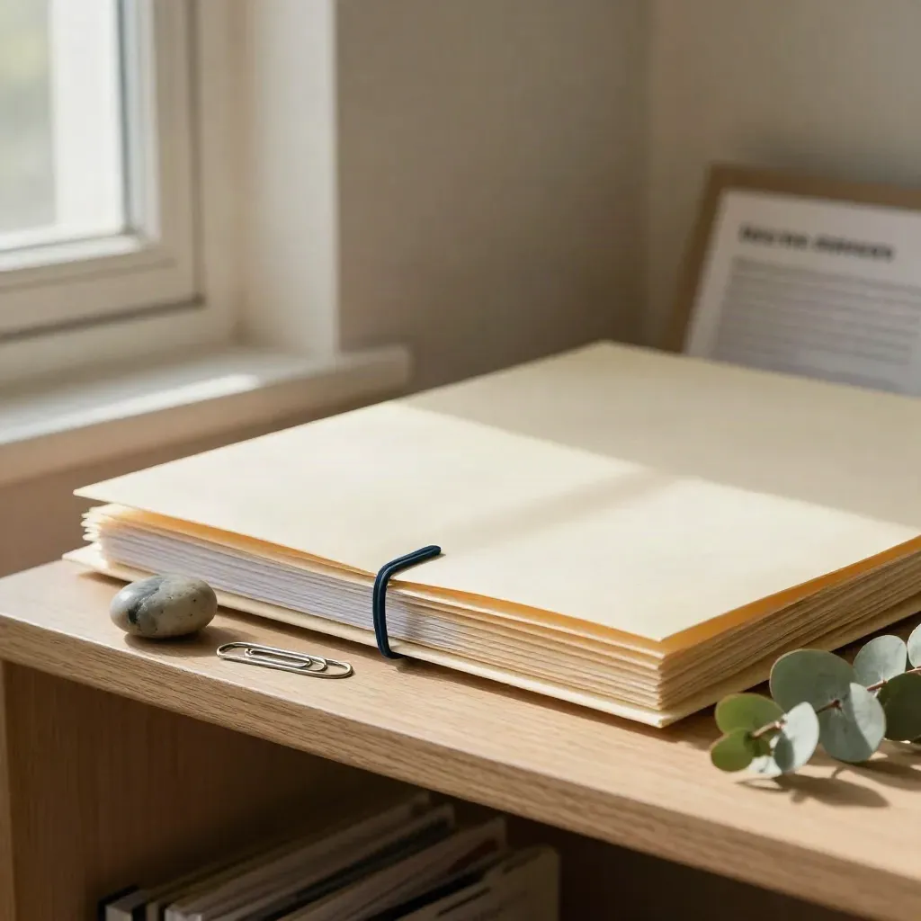 Closed tax folder with paperclips, paperweight and eucalyptus on pale wood.