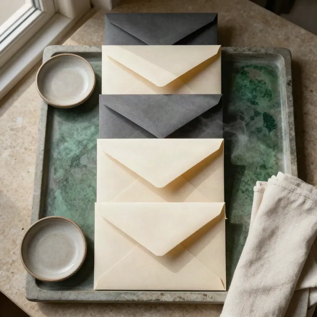 Four envelopes on a stone tray with a ceramic dish, folded cloth, and soft steam